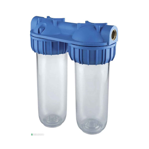 Dubbele Filter 1" Wegwerpcartouche Katoen 25µ + Koolstofcartouche+ Sleutel + Vis + +muurbevestiging